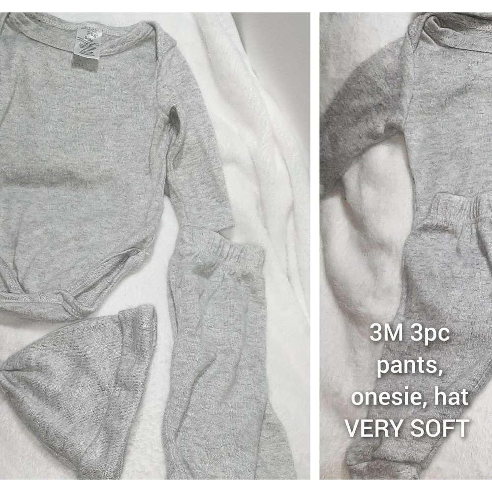 Chick Pea 3 Pc Set | 3M | Soft Knit Light Gray Hat, Pants, Long Sleeve Body Suit